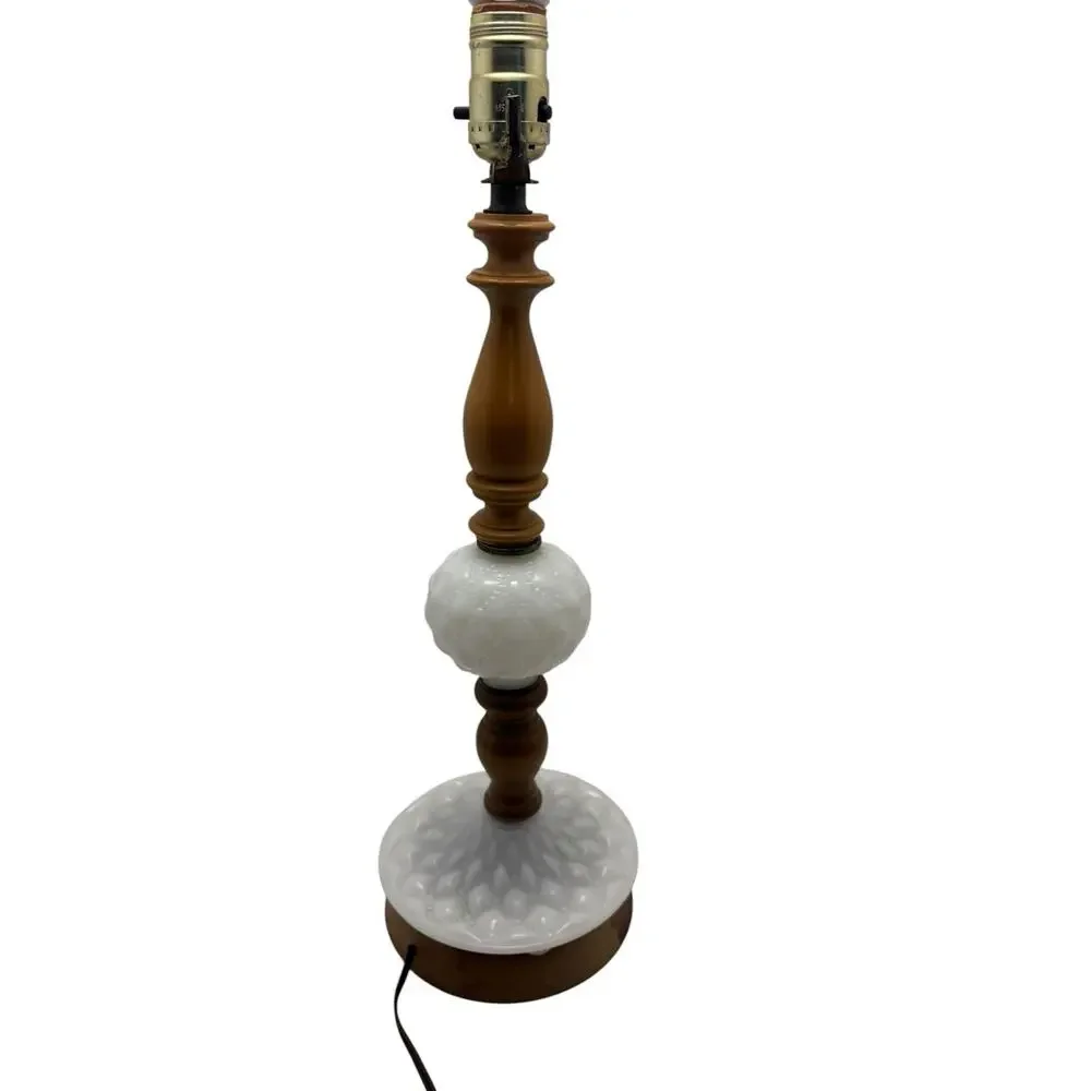 Vintage Hobnail Milk Glass & Wood Table Lamp 18